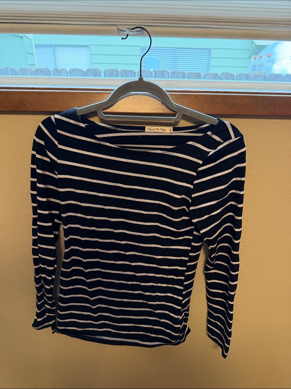 Heart Hips Navy and White Striped Boatneck Long Sleeve Top